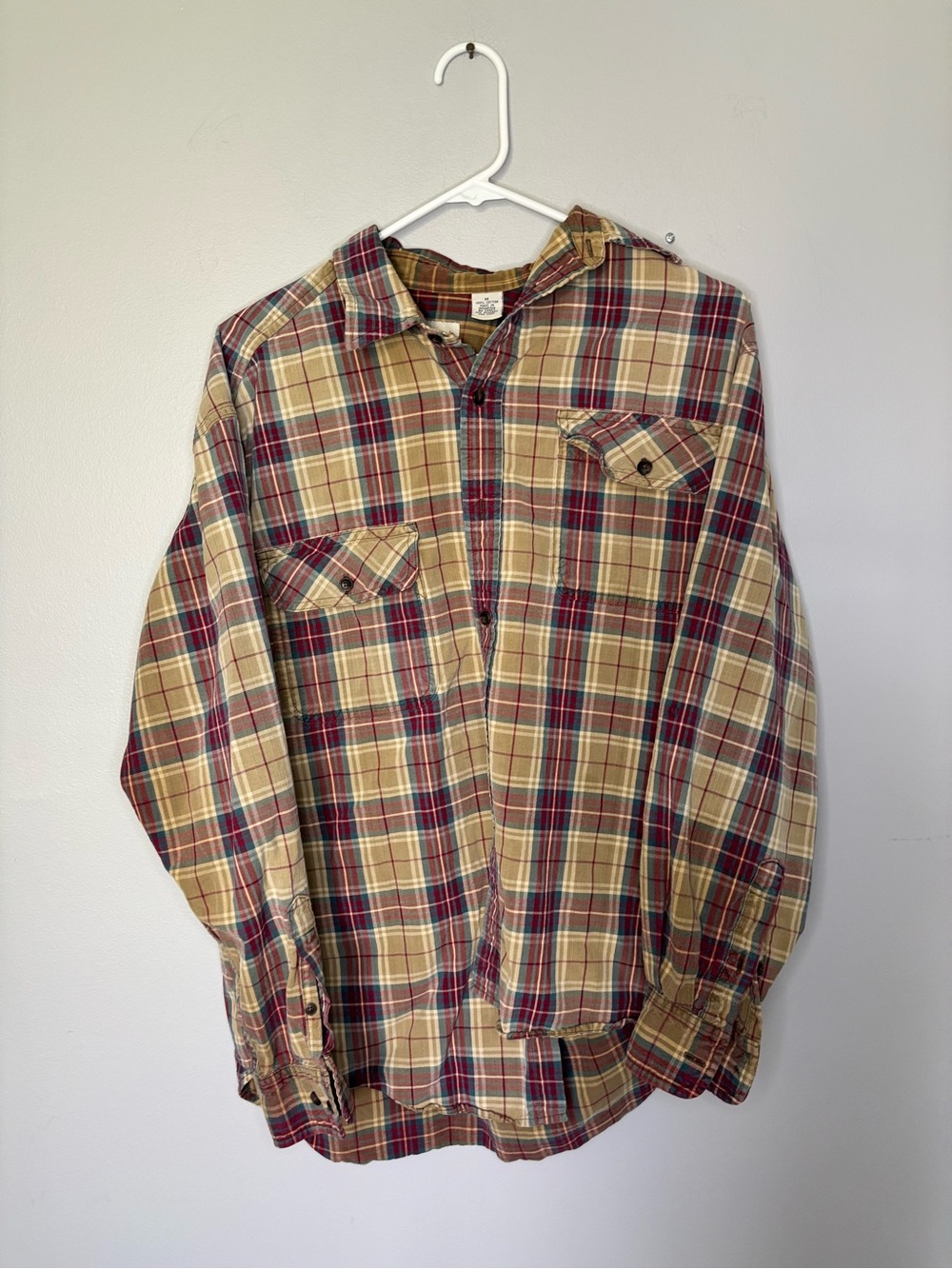 GAP Casual Long-Sleeve Plaid Button-Down Shirt Beige and Burgundy MEDIUM VINTAGE